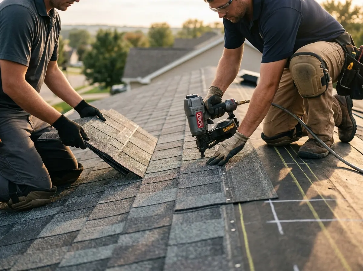 Professional roofer working on a residential roof in Broadalbin